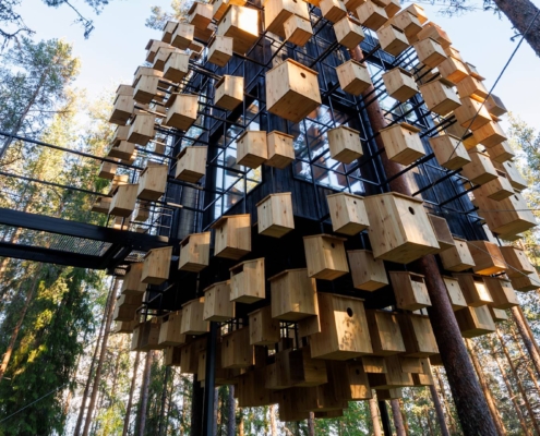 Cabaña del Treehotel integrada en los árboles durante verano en entorno forestal de Laponia Sueca
