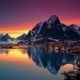Pueblo de Reine al atardecer con montañas reflejadas en el mar en las islas Lofoten