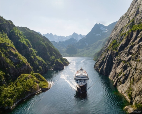 Crucero Havila navegando por un fiordo estrecho entre montañas en la costa de Noruega