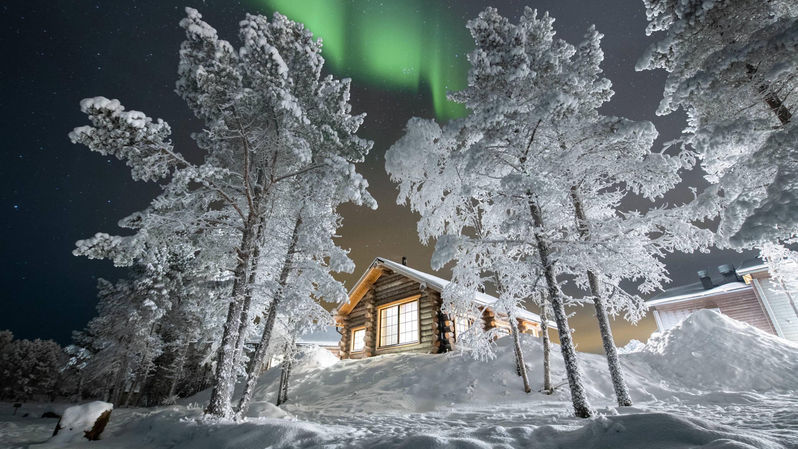 Cabaña de madera iluminada entre bosques nevados bajo auroras boreales en Laponia