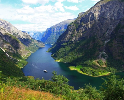 Vista panorámica del Nærøyfjord entre montañas escarpadas verdes y agua profunda