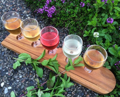 Tabla de madera con vasos de sidra colocados sobre grava y vegetación