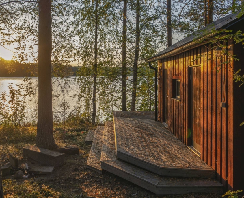 Cabaña de madera junto a lago tranquilo rodeado de bosque escandinavo