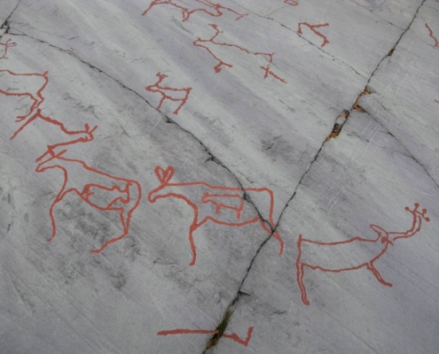 Grabados rupestres de animales resaltados en rojo sobre la roca en Alta, Noruega.