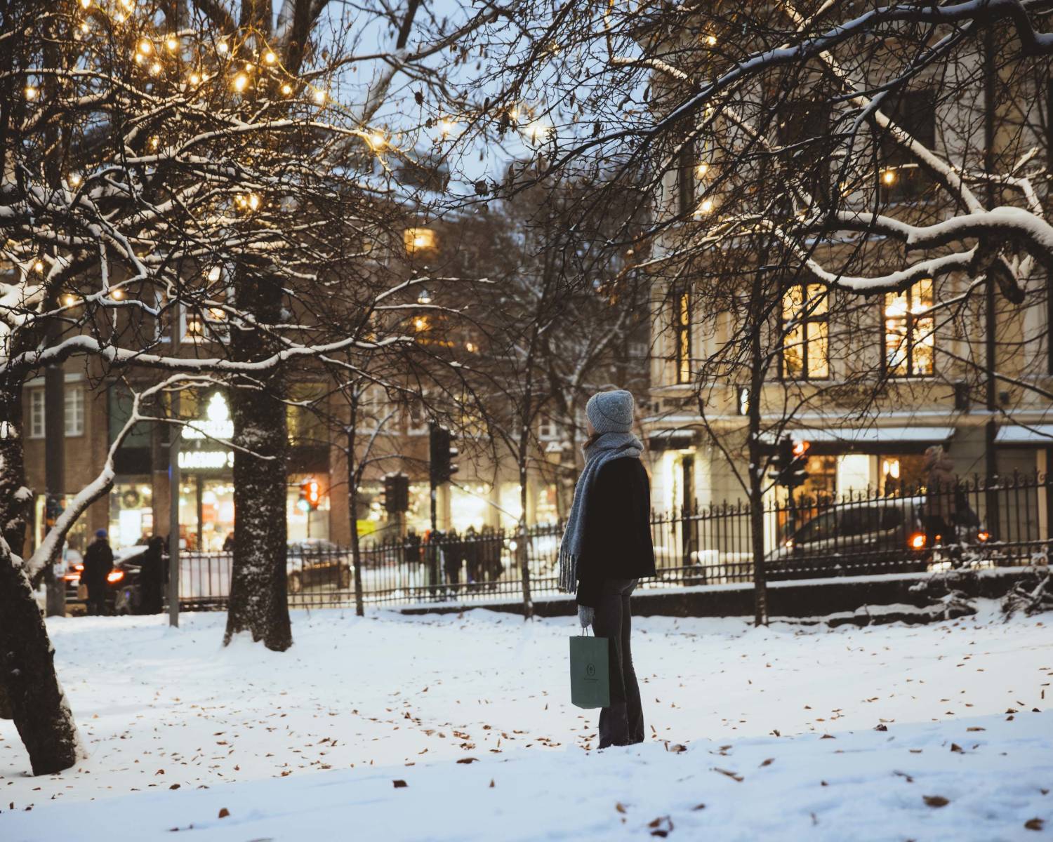 Persona con una bolsa de compras entre árboles nevados en Bogstadveien, Oslo, Noruega.
